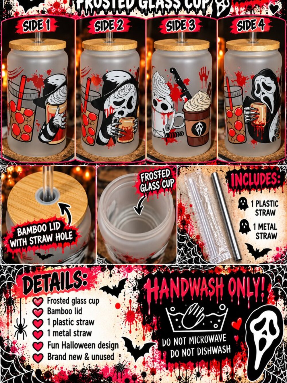 Ghostface Horror Coffee 16oz Frosted Glass Cup Bamboo Lid 2 Straws